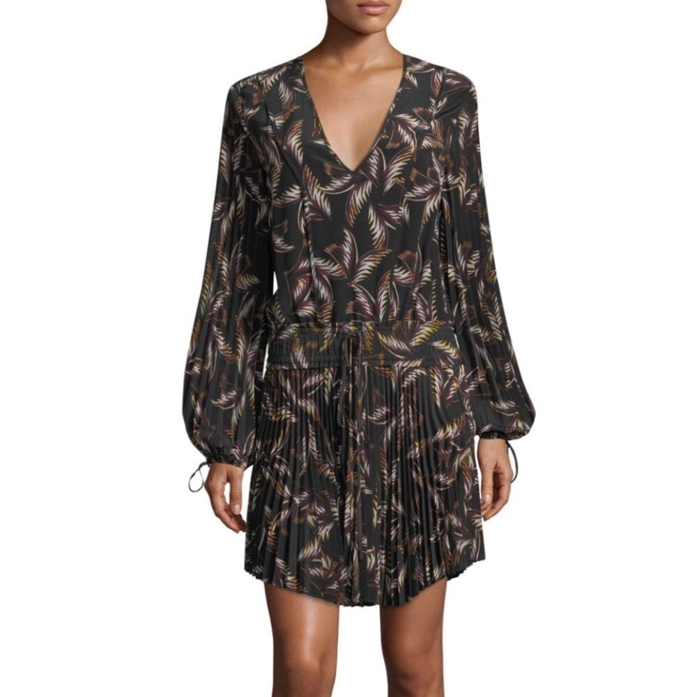 A.L.C. Rory 100% Silk V-Neck Pleated Dress Retro Palm Print 2 Tropical Vacation